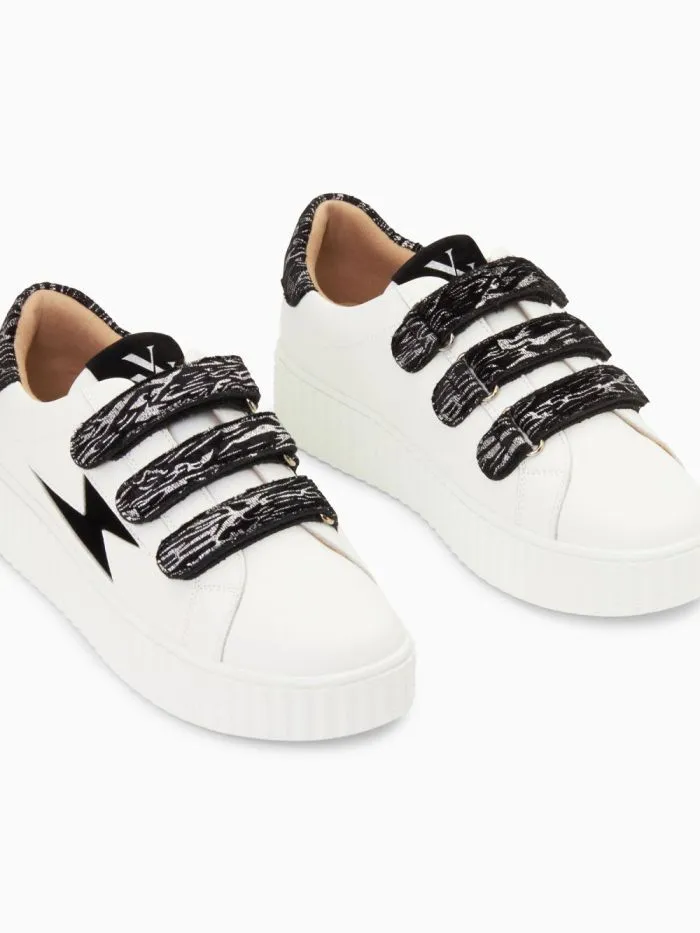 Baskets éclair Ingrid blanc et noir zébré à scratchs