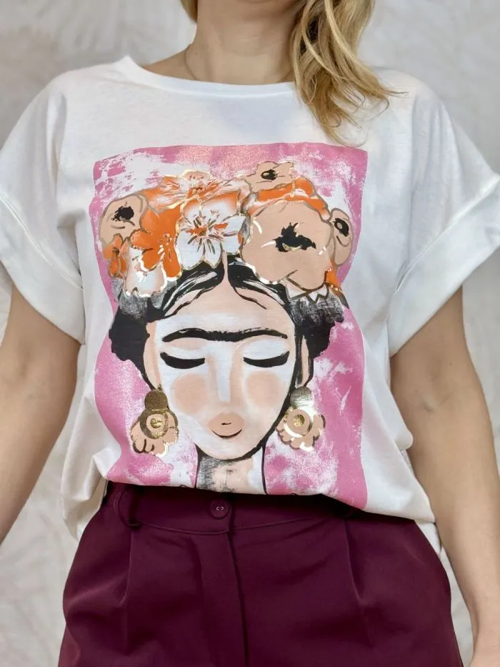 T-shirt manches revers imprimé Frida fleurs Blanc orange