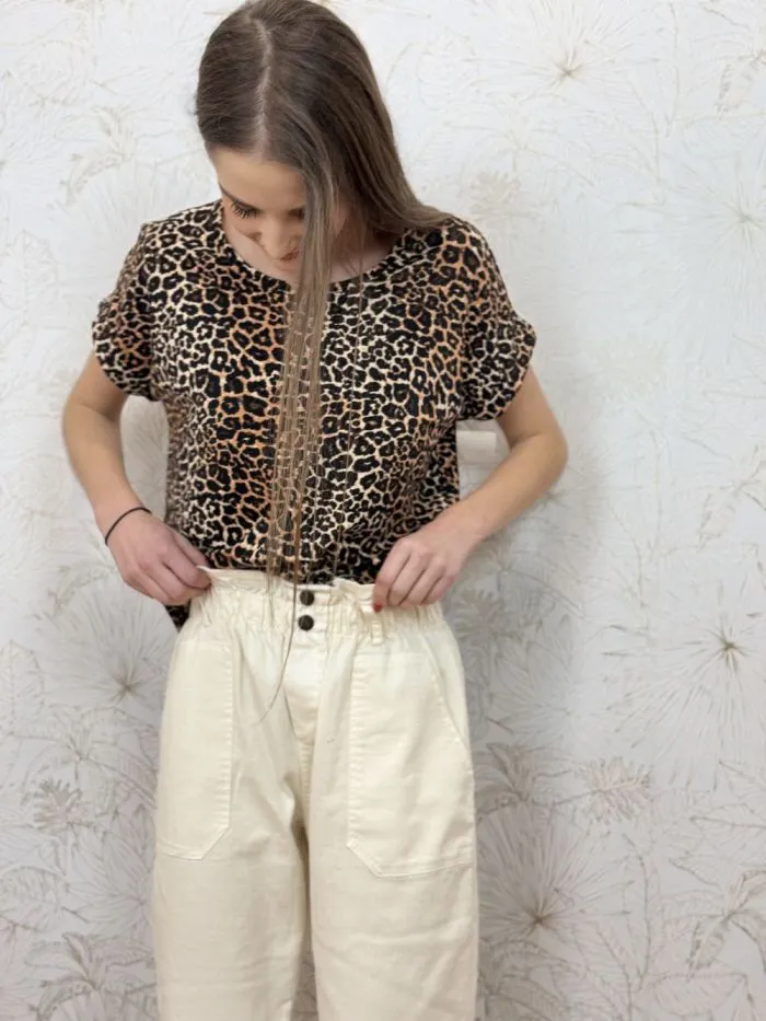 T-shirt Moster fluide revers manches imprimé Léopard Noir