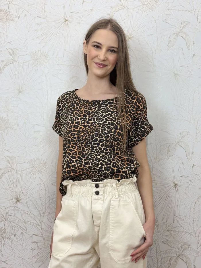 T-shirt Moster fluide revers manches imprimé Léopard Noir