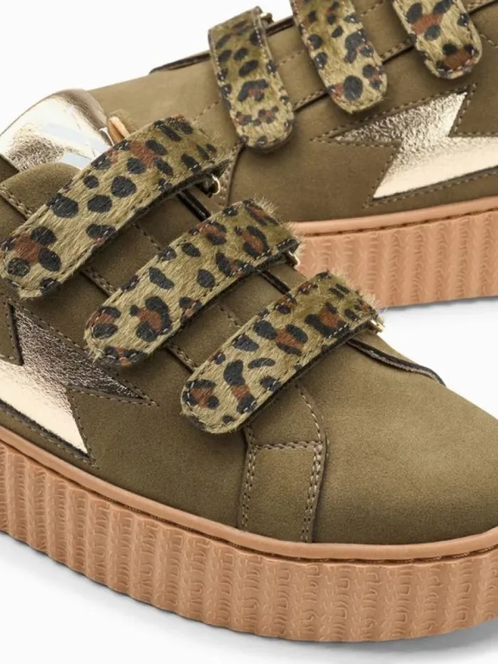 Baskets éclair Aby Kaki et Or à scratchs léopard