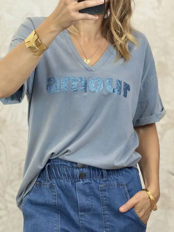 Tee shirt Amourette glitter Bleu denim